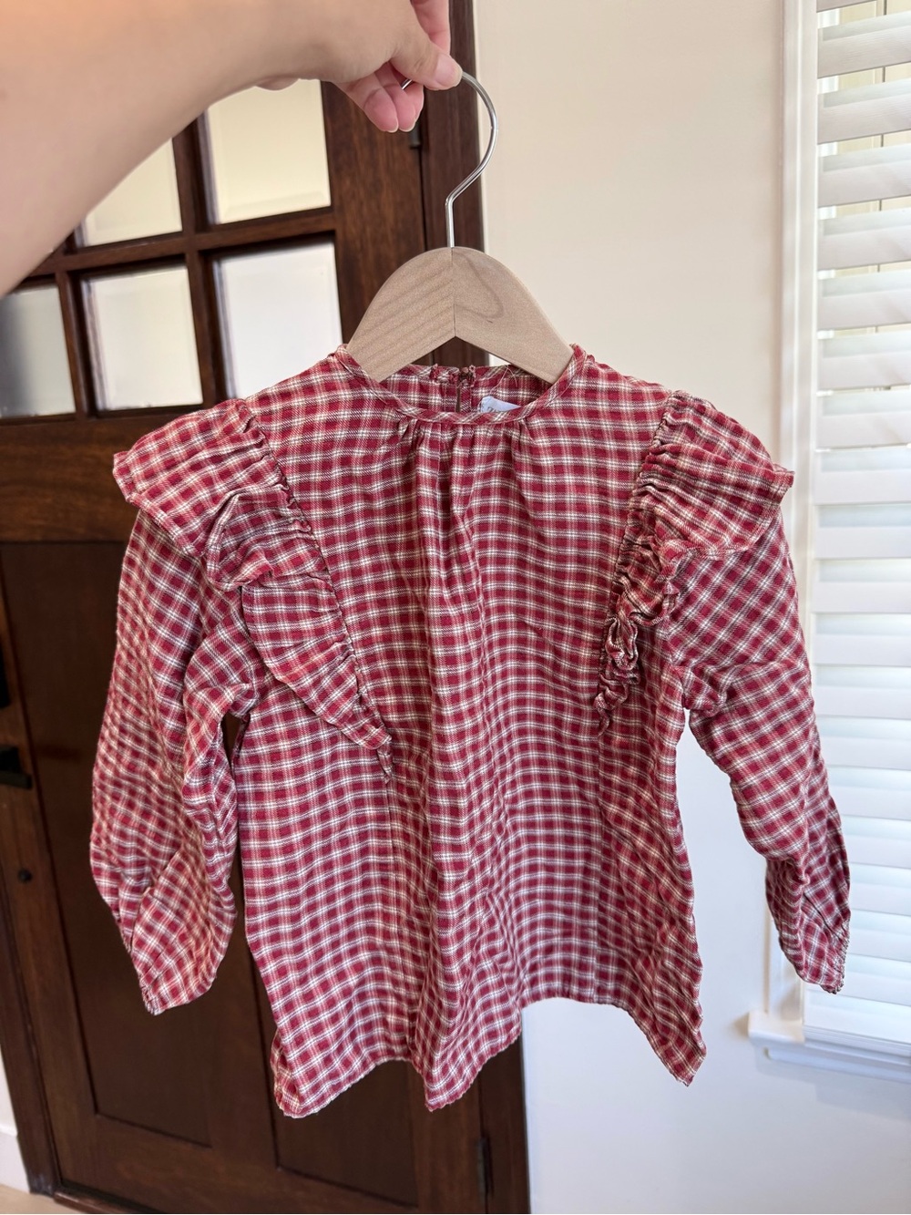 Zara Red Gingham Ruffle Long-Sleeve Blouse